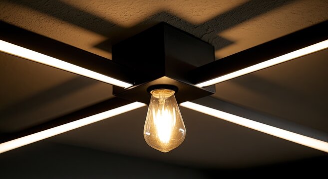 Modern ceiling fixture with exposed bulb and LED strips
