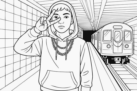 Coloring page for children - a young man in a hoodie is showing the peace sign at a metro station