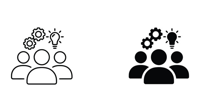 Team innovation and creative problem solving icon with gear wheels and lightbulb symbol for business development