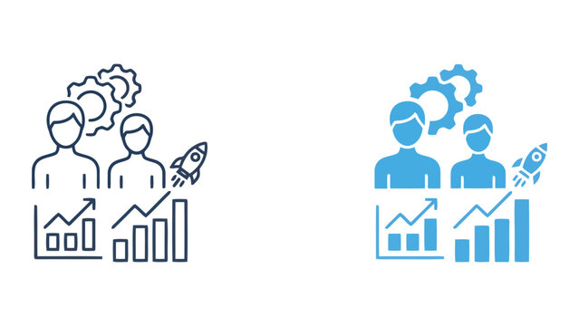 Two business people with rocket and growth charts representing professional success and fast business development in clean vector icon set isolated on white background