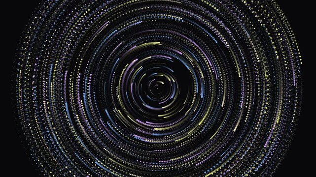 Abstract spinning particles digital background animation. Dynamic cosmic dust effect with colorful dots moving in concentric circles, representing data, technology, or futuristic concepts.