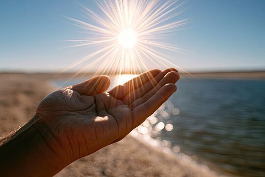 Open hand catching bright sunrays over reflective water and beach