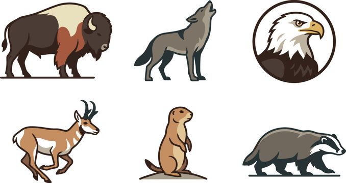 North American Wildlife Vector Icon Set Featuring Bison, Howling Wolf, Bald Eagle, Pronghorn Antelope, Prairie Dog, and Badger Flat Illustrations