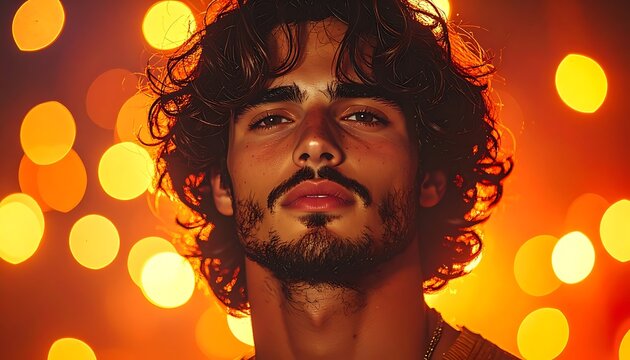 A man's face with curly hair and a beard against a background of yellow lights