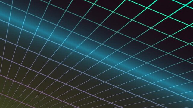 Digital grid perspective with glowing cyan lines receding into dark space