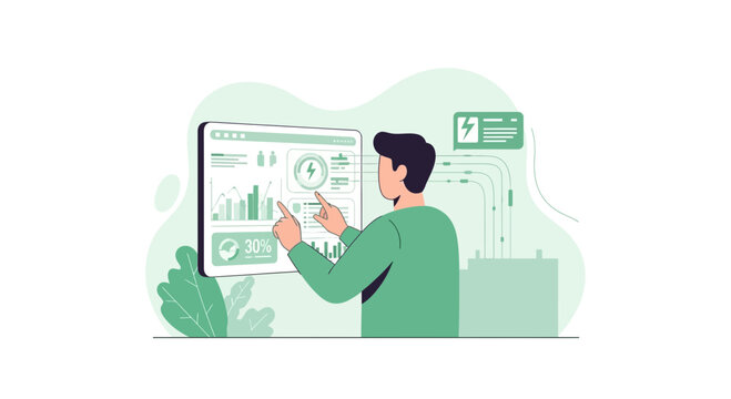 Man Interacting with Smart Energy Dashboard, Sustainable Power Management