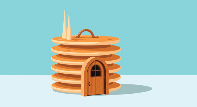 Creative fantasy house shaped like a large stack of pancakes features a small wooden door and two thin chimneys on top.