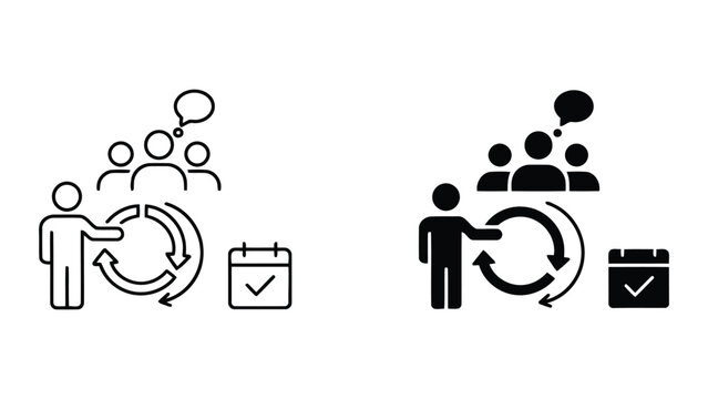 Leadership team cycle and task management vector icons featuring group guidance and calendar completion symbols for efficient organizational workflows and professional project oversight