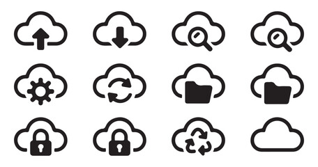 Fototapeta premium Network cloud storage service icons collection for file synchronization and secure data management.