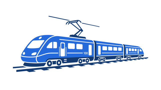 Modern Blue High-Speed Train on Tracks, Electric Locomotive, Transportation Icon
