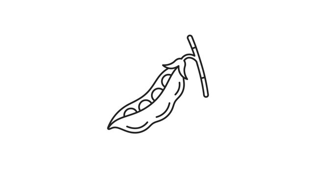 A simple black and white line art illustration of a single pea pod hanging from a stem.