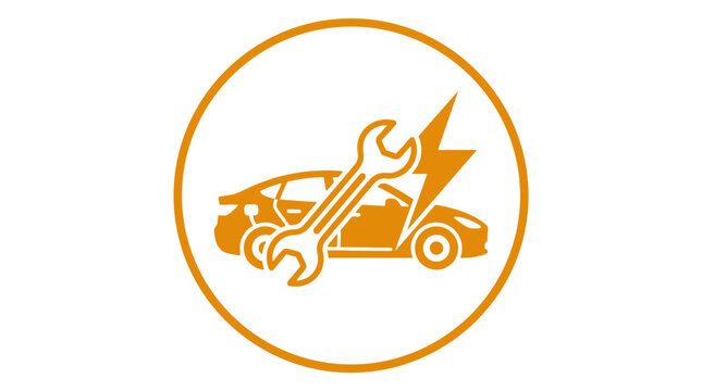 Car Repair Service Icon: Wrench, Electric Car, Lightning Bolt, Circle - Orange Outline