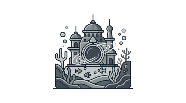 Stylized underwater palace with coral and marine life.