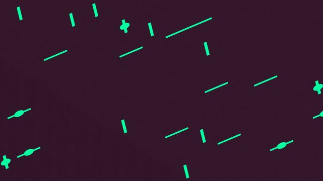 Floating cyan dashes and crosses on dark purple background