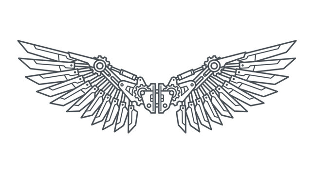 Detailed mechanical steampunk wings line art icon.