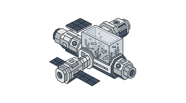 Isometric space station module featuring internal fish aquarium.
