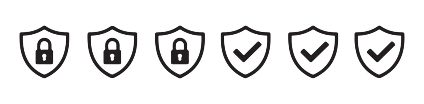 Outline shield icons featuring lock and check symbols for web security and software protection design.