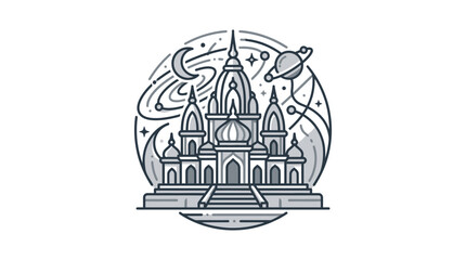 Cosmic castle with planets and moon in circular frame. © Cendoole