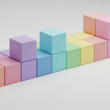 Isometric 3D rendering of pastel modular cubes in pink, purple, blue, green, and yellow arranged in a diagonal row on a white background with a minimalist matte finish composition.