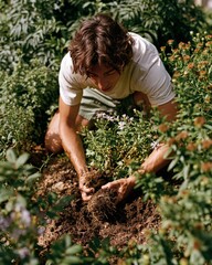 Fototapeta premium Young Man Planting Perennials in Summer Garden