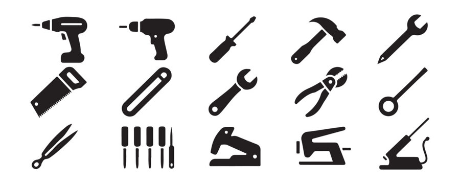 Set of silhouettes of different types of work tools isolated on transparent background vector illustration.