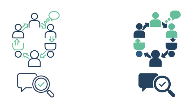 Team feedback and communication analysis icons featuring magnifying glass and check mark symbols representing quality assurance and collaborative review in a professional vector graphic for business