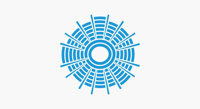 Abstract circular blue sunburst radial graphic design element.