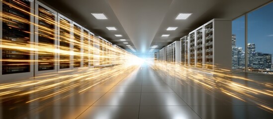 Obraz premium Light Streaks in Modern Server Room with High-Tech Infrastructure