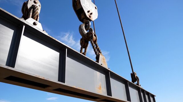 Industrial crane lifting heavy steel beam, construction site machinery with metal girder and pulley system, structural engineering and building development