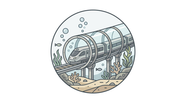 Futuristic high speed train in underwater glass tube emblem.