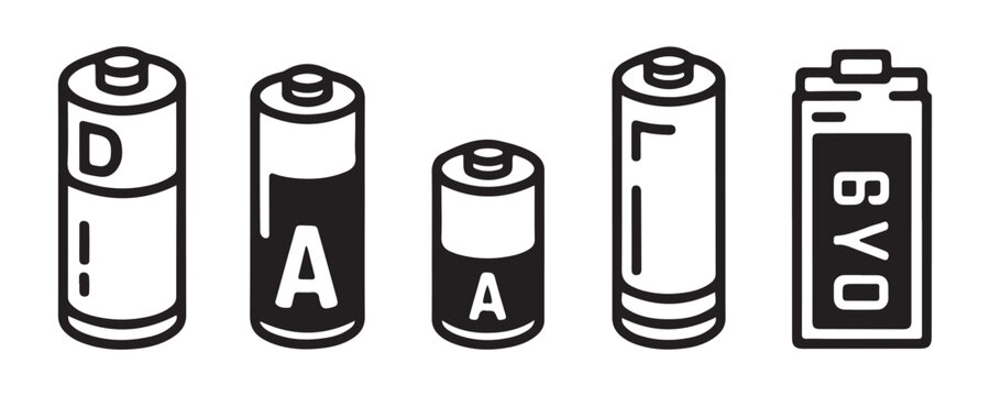 Battery types icons set with various cylindrical alkaline cells and square six volt pack line vector.