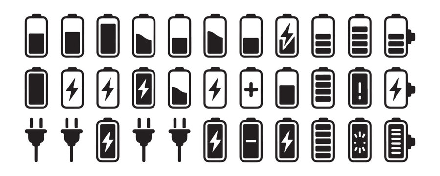 Universal battery status and power connection icons collection for mobile interface and web design kit.