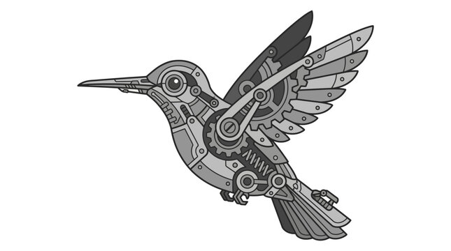 Steampunk mechanical hummingbird with gears and metallic wings illustration.