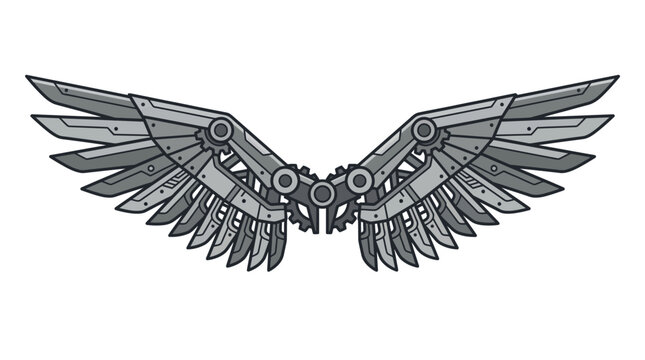 Shaded steampunk mechanical wings illustration on white background.