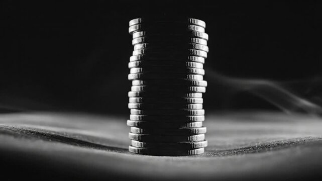 Dramatic black and white close-up shot of coins stacked on a fabric surface with billowing smoke emphasizing the currency