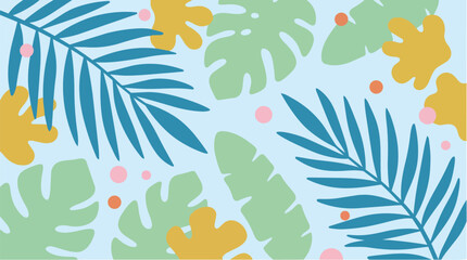 Vibrant tropical leaves pattern with Monstera, palm, and fern foliage on blue background © faisalaladabi