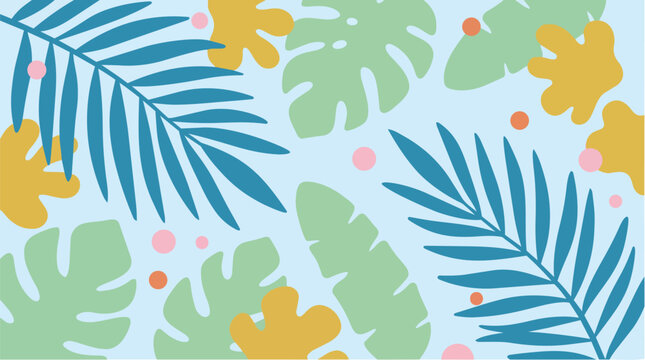 Vibrant tropical leaves pattern with Monstera, palm, and fern foliage on blue background