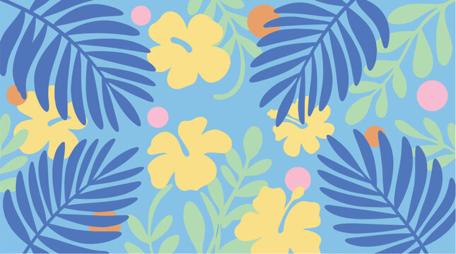Vibrant floral pattern with yellow hibiscus flowers and blue tropical leaves on a light blue background with pink accents