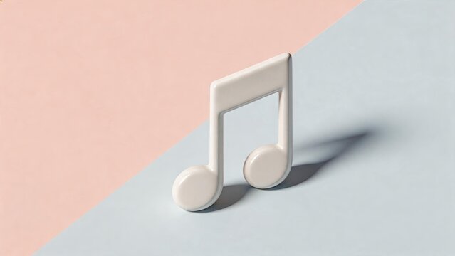 Minimalist white music note icon on pastel pink and blue background, 3d rendered symbol for audio, melody, song, rhythm, harmony, sound design, entertainment, arts, creative
