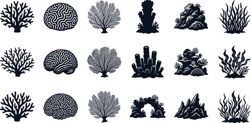 Elegant Collection of Coral Reef and Marine Plant Silhouette Illustrations for Ocean Design Projects © MstRezoara