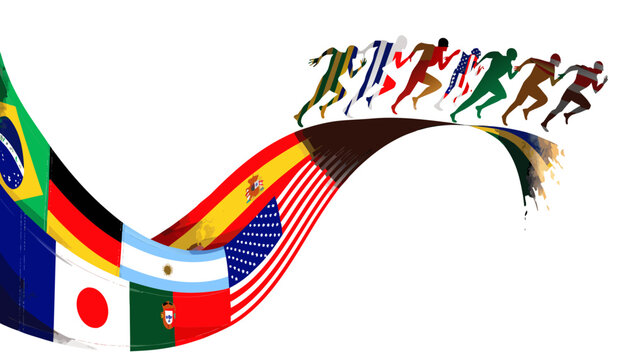 Abstract illustration of diverse runners racing over waving world flags