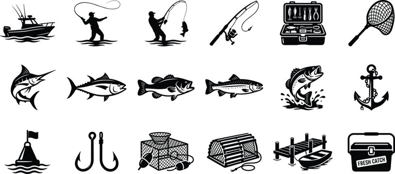 Fishing vector icon collection featuring boat, rod, fish species, hooks, traps, and nautical equipment