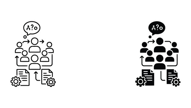 Business team collaborative problem solving icon with gear and document symbols for project management and corporate workflow strategy development in flat vector style