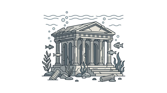 Illustration of an ancient underwater temple with marine life.