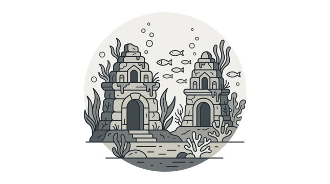 Underwater ancient ruins temple with fish and coral reef.
