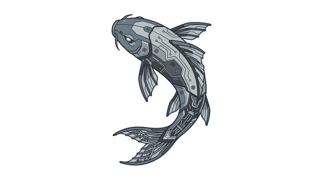 Vertical robotic mechanical koi fish futuristic aquatic design.