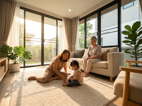 Happy multi generation family playing together in sunny living room
