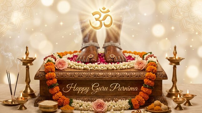 Guru purnima sacred paduka worship illustration with om symbol flowers and diya representing devotion respect and spirituality for greeting banner poster background design 