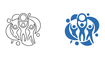 Fototapeta premium Dynamic teamwork and community support icon set featuring stylized figures lifting a globe or sphere in a vibrant flat vector design style for social networking and global partnership concepts