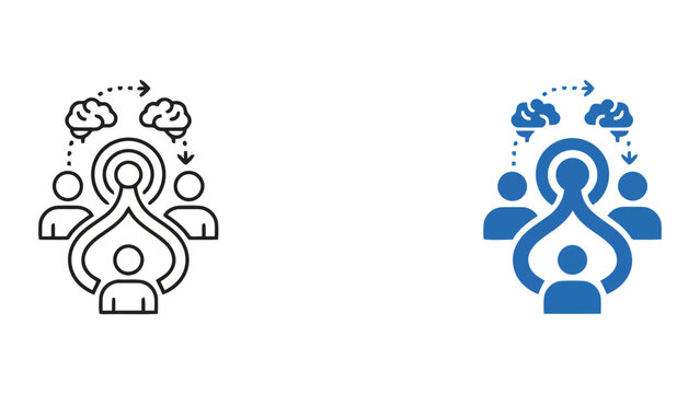 Collaborative brainstorming and knowledge sharing icon featuring figures with brain symbols and central hub for team innovation and creative development